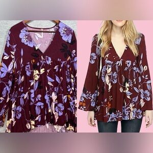 Free People Womens  XS Top Bella Tunic‎ Purple Long Sleeve Boho Blouse Fall